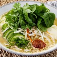 Miso Ramen · Miso broth, ramen noodles, onions, zucchini, coleslaw, spinach, arugula, red hot chili garli...