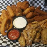 Sampler Platter · Wings, jalapeño poppers, mozzarella sticks, French fries, onion rings, mini corn dogs, and f...