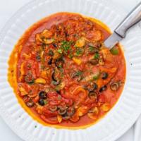 Chicken Cacciatore · Chicken breast sauteed with mushrooms bell peppers onions olives & tomatoes served with penn...