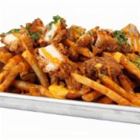 Dirty Fries · Seasoned Fries topped with Chopped Chicken, Cilantro, Nacho Cheese, and Drizzled with Crack ...