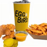 Chicken Strips Combo · 2 or 4 Strips, Pickles, Side of Fries, Choice of Sauce, Thick Buttered Toast, and a 22oz Drink