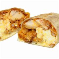 Enb Burrito · Chopped Fried Chicken, Scrambled Eggs, Fries, and Crack Sauce wrapped in a Cheese Crusted To...