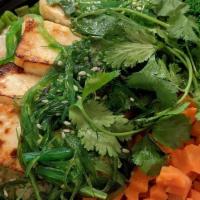 Protein Bowl · Vegan, gluten free. Grilled tofu with wakame-seaweed salad on jasmine rice, steamed broccoli...