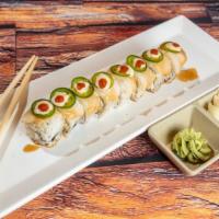White House Roll · In: spicy crab. Out: escolar, slice jalapeños, spicy ponzu and spicy mayo.