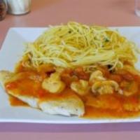 Chicken Marsala (Chefs Favorite!!!) · Marsala wine, mushrooms, brown sauce, pasta oil and garlic.
