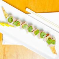 Yellowtail Lover Roll · Spicy. Inside: shrimp tempura, spicy tuna. Top: yellowtail, jalapeño, cilantro. Sauce: ponzu...