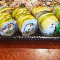 Caterpillar Roll · In: Fresh Water Eel, Crabmeat, Cucumber
Top : Avocado
Sauce : Eel Sauce