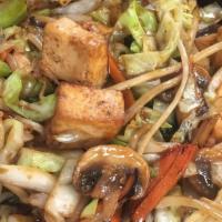 Tofu Rice Bowl · Pan-fried tofu with mixed vegetables (Cabbage, onions, carrots, broccoli, bean sprouts, and ...