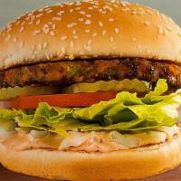 Veggie Burger · All veggie and purely delicious! Veggie patty, crisp lettuce, freshly sliced tomato, dill pi...