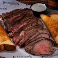 Tri-Tip Platter · Dry Brined for Five Days, Smoked and Cooked to a Tender Medium with a Side of Creamy Horsera...