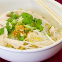 Chicken Noodle Soup · Sliced chicken in a clear broth, bean sprout and topped with green onions, cilantro and frie...