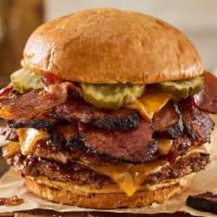 Double Smoked Bacon Brisket Burger · Double Certified Angus Beef, smoked aged cheddar cheese, brisket, applewood smoked bacon, pi...