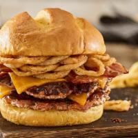 Double Bbq Bacon Cheddar Turkey Burger · Double Turkey burger, aged cheddar cheese, applewood smoked bacon, haystack onions, bbq sauc...