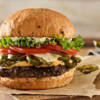 Colorado Black Bean Burger · Grilled black bean patty, pepperjack cheese, melted cheddar, grilled chiles, lettuce, tomato...