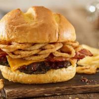 Bbq Bacon Cheddar Black Bean Burger · Black bean patty, aged cheddar cheese, applewood smoked bacon, haystack onions, bbq sauce, t...