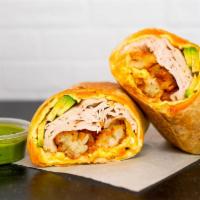 Smoked Turkey, Avocado, Egg And Cheddar Burrito · 3 fresh cracked cage-free scrambled eggs, melted Cheddar cheese, sliced smoked turkey, avoca...