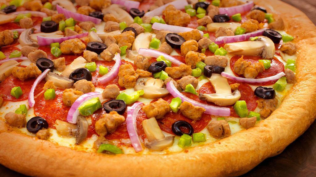 Supreme Pizza · A classic with marina sauce, our two cheese blend of mozzarella pizza cheeses, pepperoni, mushrooms, spicy beef, sausage, green pepper and red onions.