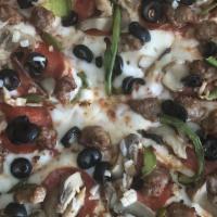 Supreme · Pepperoni, Italian Sausage, Green Bell Peppers, Onions, Mushrooms and Black Olives