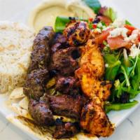 Chicken, Beef And Kefta Kabob Plate · Grilled Chicken Kabob, Beef & Kefta Kabob with a side of Rice, Hummus, Greek Salad & Pita Br...