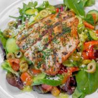 Salmon Greek Salad · Grilled Wild-Caught Alaskan Salmon over Spring Mix Toped with Tomato, Cucumber, Bell Peppers...