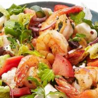 Shrimp Salad · Shrimp over Spring Mix Toped with Tomato, Cucumber, Bell Peppers, Feta Cheese, Olives and ou...