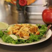 Baja Chicken Salad · Spicy baja chicken breast, greens, sweet corn, black olives, shredded cheese, green onions, ...