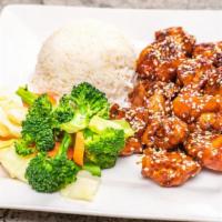 Crispy Teriyaki Chicken · Served with rice & wok vegetable