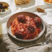 Spaghetti And Meatballs · Classic spaghetti with meatballs and marinara sauce, and topped with fresh Parmesan cheese.