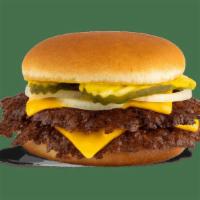 Freddy'S Original Double With Cheese · Two steakburger patties, cheese, mustard, onion & pickle on a toasted bun.