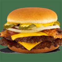 Double Bacon & Cheese Steakburger · Two steakburger patties, mustard, onion, pickle & bacon served on a toasted bun.