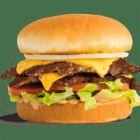 Double California Burger · Two steakburger patties, cheese, full slice of onion, Thousand Island, lettuce & tomato serv...