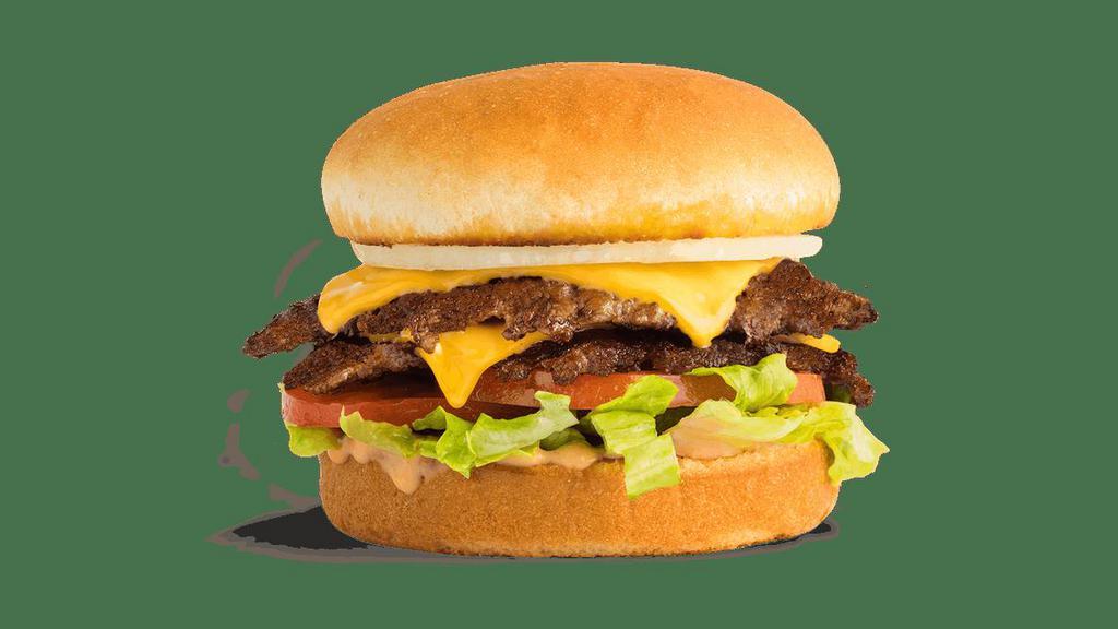 Double California Burger · Two steakburger patties, cheese, full slice of onion, Thousand Island, lettuce & tomato served on a toasted bun.