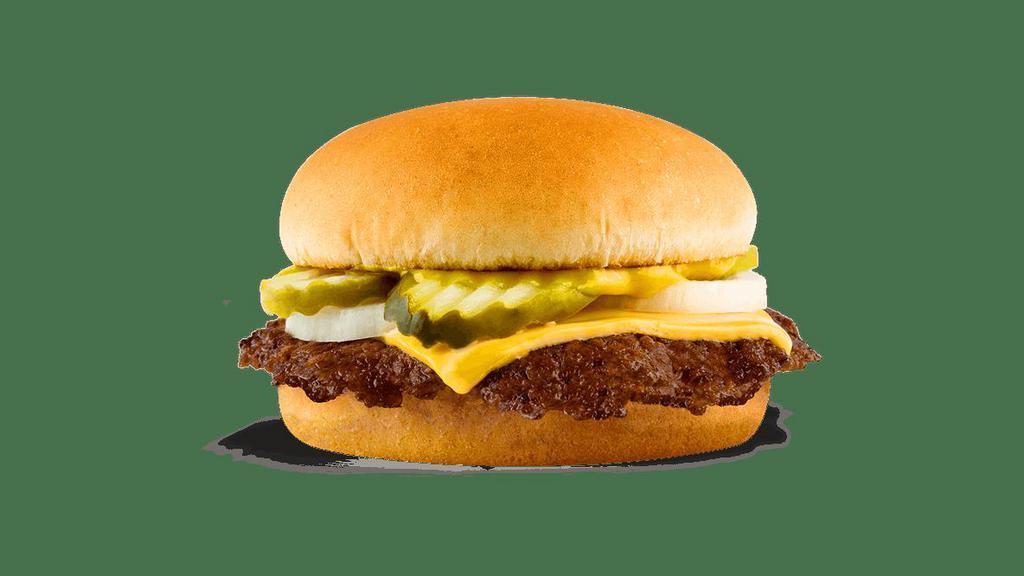 Single Steakburger With Cheese · Single steakburger patty, cheese, mustard, onion & pickles on a toasted bun.
