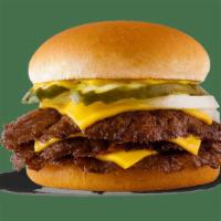 Triple Steakburger With Cheese · Three steakburger patties, cheese mustard, onion & pickles on a toasted bun.