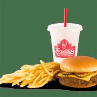 Kid'S Cheeseburger Combo · Steakburger patty, cheese, ketchup & pickle on a toasted bun. Served with Freddy's fries, Ba...