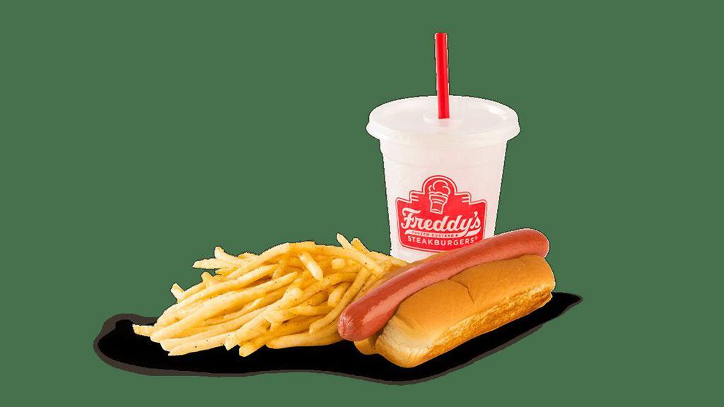 Kid'S Hot Dog Combo · All beef hot dog served plain or with your choice of condiments on a toasted bun. Served with Freddy's fries, Baked Lays® or Mott’s® Natural Applesauce and Milk, Water, or the drink of your choice.
