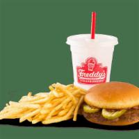 Kid'S Burger Combo · Steakburger patty, ketchup & pickle on a toasted bun. Served with Freddy's fries, Baked Lays...