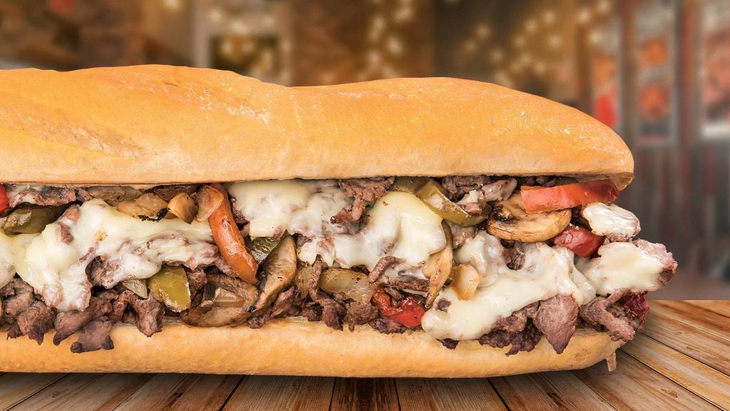 Classic Cheese Steak · It's called a classic for a reason. Our Classic Cheese Steak is prepared with grilled choice steak, mushrooms, onions, white American cheese, and your choice of hot or sweet peppers.