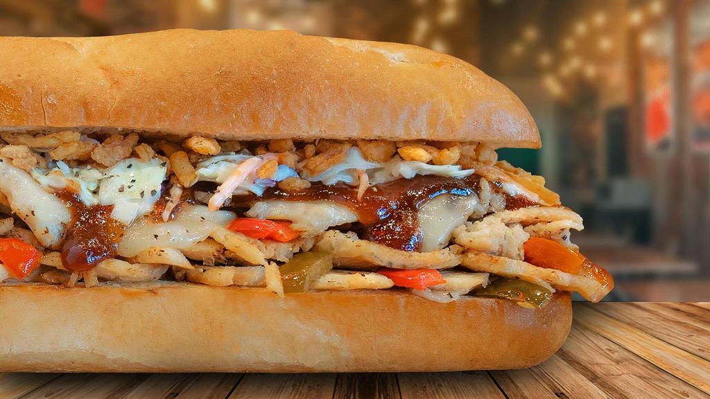 Bbq Chicken Cheese Steak · A little bit tangy, crunchy and overall delicious, our BBQ Chicken Cheese Steak is not to be missed! Prepared with premium grilled chicken with provolone cheese, topped with coleslaw, BBQ sauce, and crispy cheddar onions.