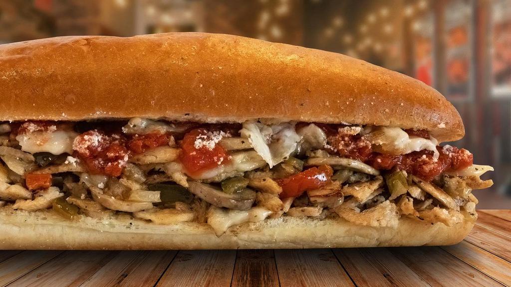 Grilled Chicken Parmesan · Chicken Parm the Cap's way. Grilled chicken with onions, mushrooms, sweet peppers, provolone cheese and topped with marinara and Romano cheese.