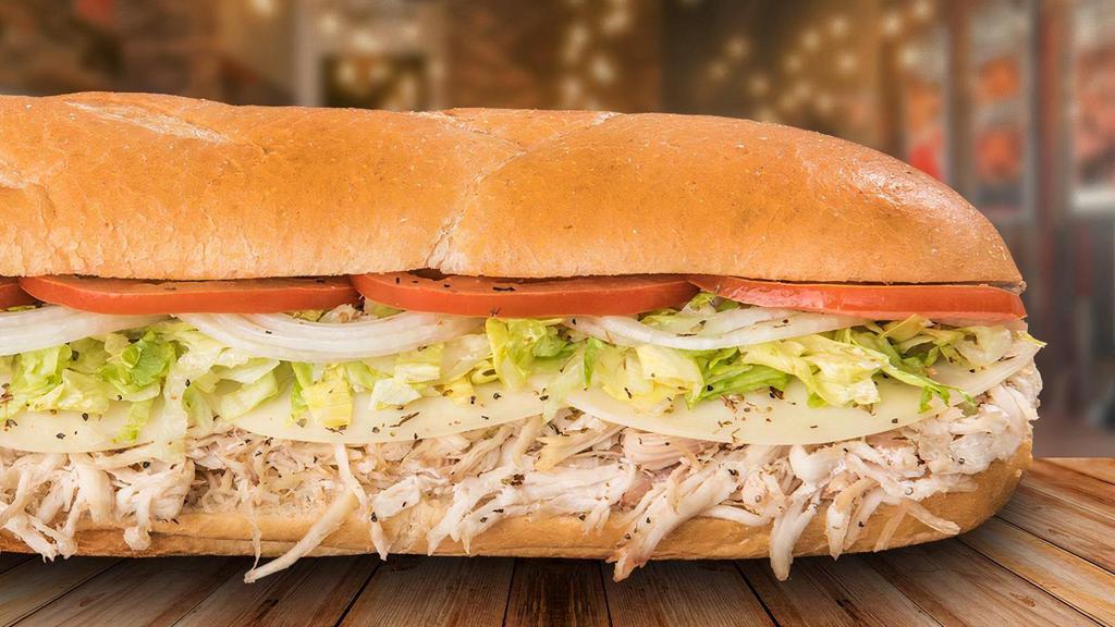 Homemade Turkey · No deli slices here. Our slow-roasted homemade turkey is hand-shredded and topped with provolone cheese, lettuce, tomato, onion, and mayo.
