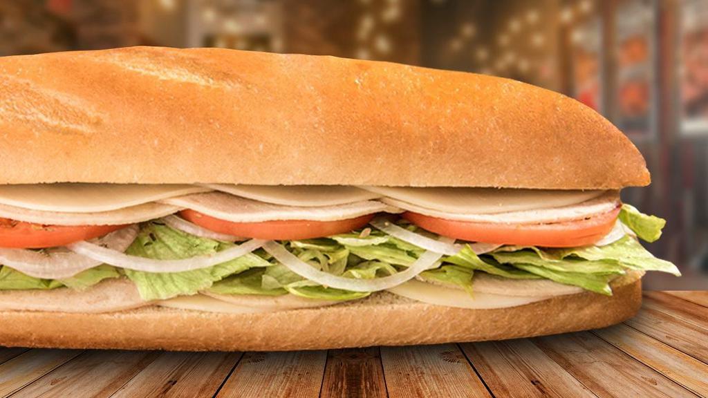 Vegetarian Turkey · Gobble up this vegetarian favorite made with sliced vegetarian turkey, provolone cheese, lettuce, tomato, onion, and mayo.