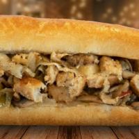 Vegetarian Chicken Cheese Steak · Vegetarian chicken is the star and its supporting cast is mushrooms, onions, Provolone chees...