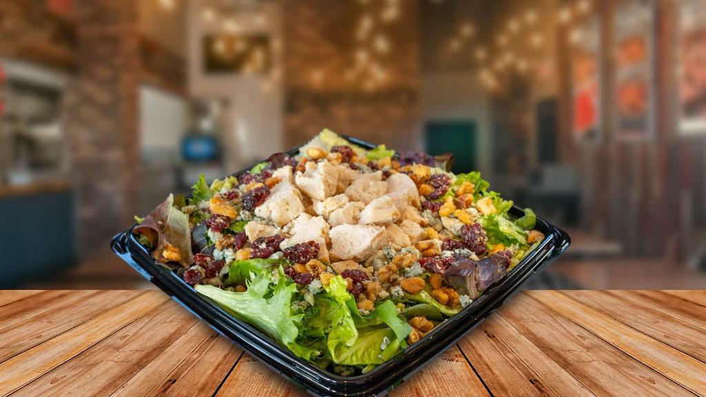 Balsamic Chicken · Premium grilled chicken breast, mixed greens, gorgonzola cheese crumbles, glazed cranberry walnuts, and balsamic dressing. Serves 6-8.