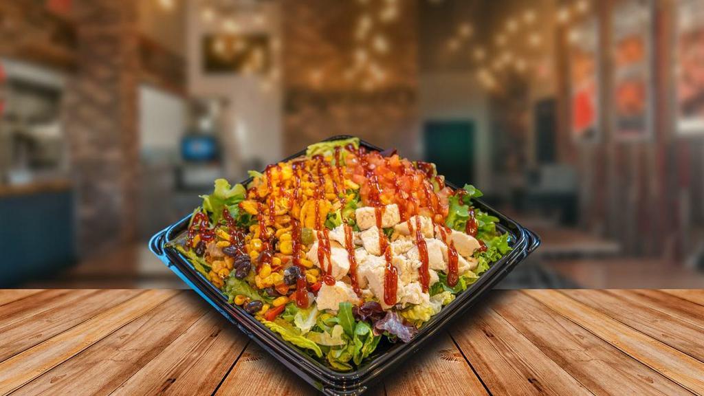 Bbq Chicken · Chicken, mixed greens, crispy cheddar onions, diced tomatoes, corn & black bean mix, chipotle ranch dressing, and bbq sauce. Serves 6-8.