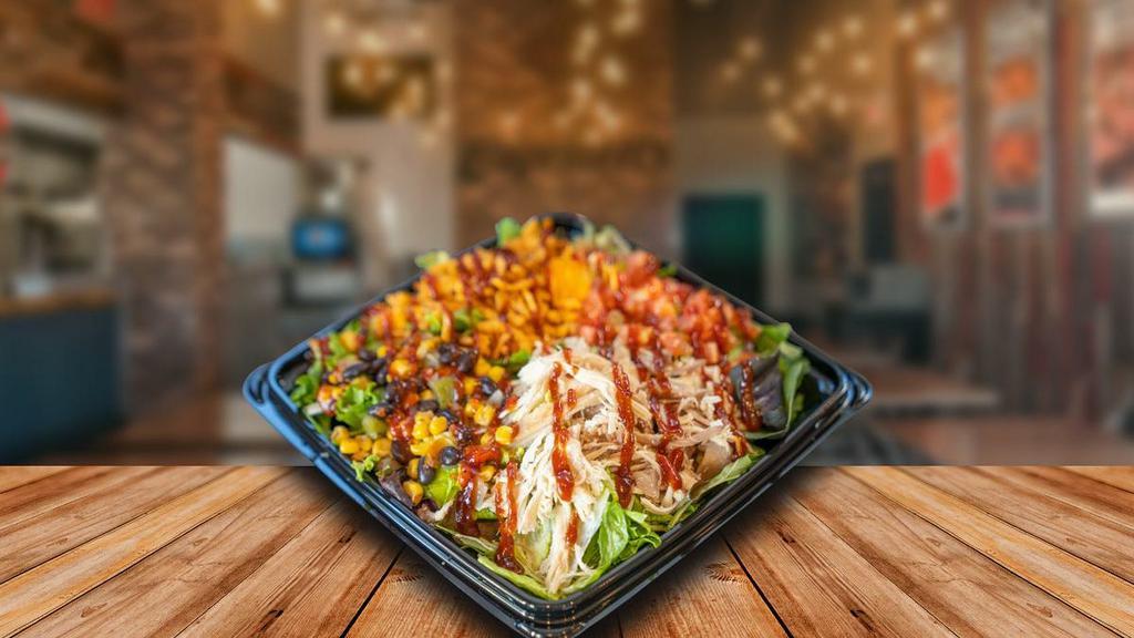 Bbq Turkey · Slow roasted turkey, mixed greens, crispy cheddar onions, diced tomatoes, corn & black bean mix, chipotle ranch dressing, and bbq sauce. Serves 6-8.
