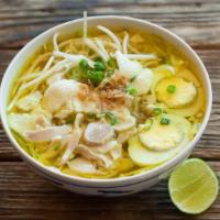 Indonesian Chicken Soup · Hot. Smooth lemon grass soup with bean sprout, egg, chicken, and rice stick noodles.