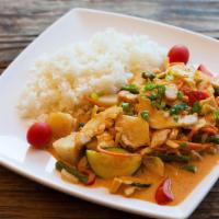 Beef Thai Curry · Hot. Stir fry beef sautéed with bamboo shoots, cabbage, carrots, seasonal veggies and bean s...