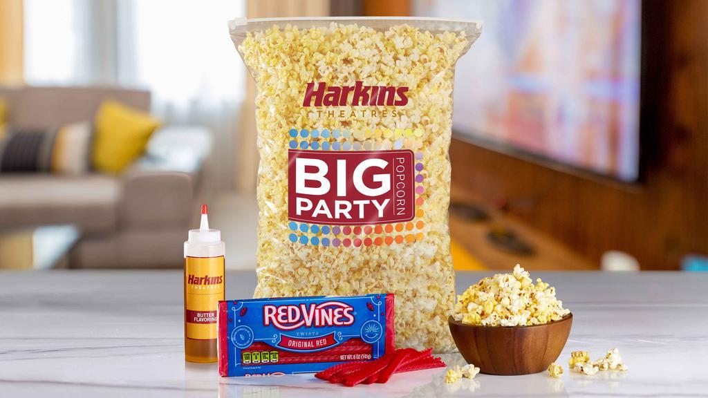 Big Party Popcorn + · It's not just big - It's really big!  Big enough to serve 10 people. Harkins Theatres Award-Winning popcorn you can enjoy anywhere. Choose two FREE toppings or candy.