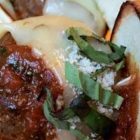 Meatball Hero Sliders · with San Marzano tomato, pepper jack, parmesan. 2 per order on Brioche buns